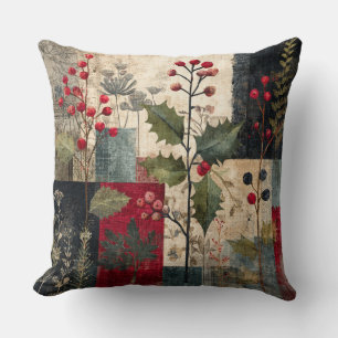 A Holly Berry Rustic Winter Patchwork Cushion