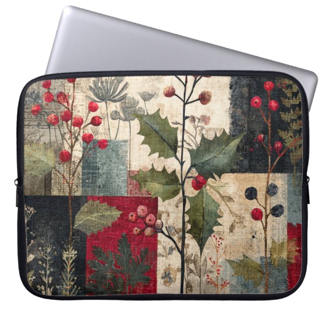 A Holly Berry Rustic Winter Patchwork Laptop Sleeve (Front)