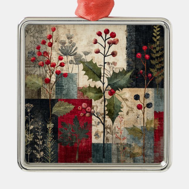 A Holly Berry Rustic Winter Patchwork Metal Tree Decoration (Front)