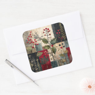 A Holly Berry Rustic Winter Patchwork Square Sticker