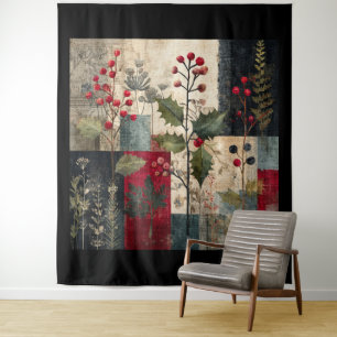 A Holly Berry Rustic Winter Patchwork Tapestry