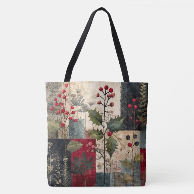 A Holly Berry Rustic Winter Patchwork Tote Bag (Front)