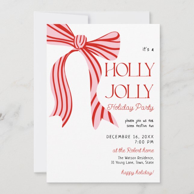 A holly jolly Pink Red Coquette Bow christmas  Invitation (Front)
