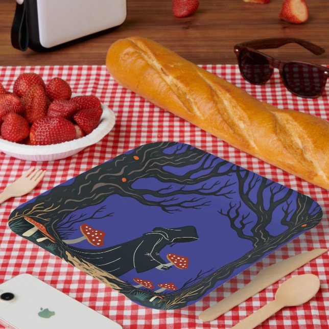 A Hooded Cloaked Forager Collecting Toadstools Paper Plate (Picnic)