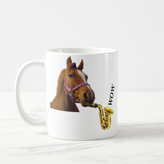 A horse playing the saxophone wow mug (Left)