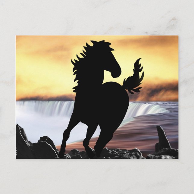 A horse silhouette and waterfall postcard (Front)