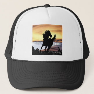 A horse silhouette and waterfall trucker hat