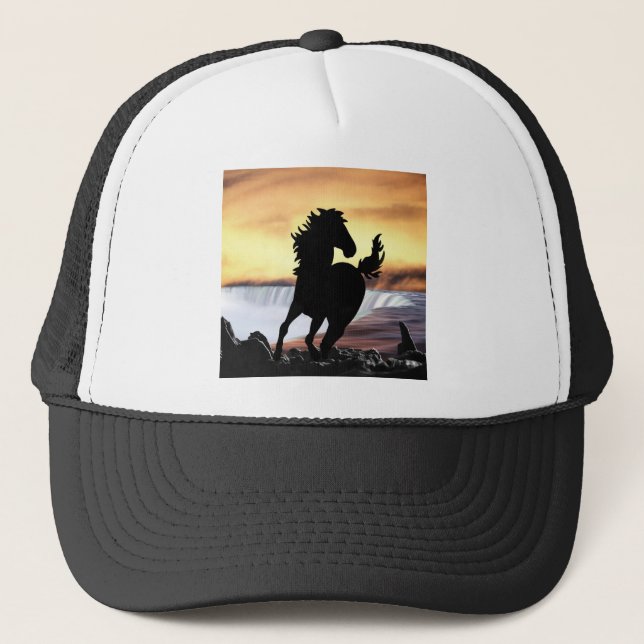 A horse silhouette and waterfall trucker hat (Front)