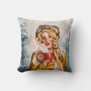 "A Hot Drink On A Cold Winter's Day" Cute Pinup Cushion
