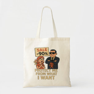 A humourous cartoon-style graphic tote bag