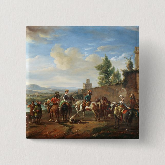 A Hunting Party by a Country House (oil on canvas) 15 Cm Square Badge (Front)