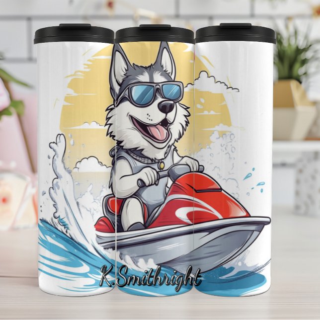 A Husky Dog on a Jet Ski Thermal Tumbler (Creator Uploaded)