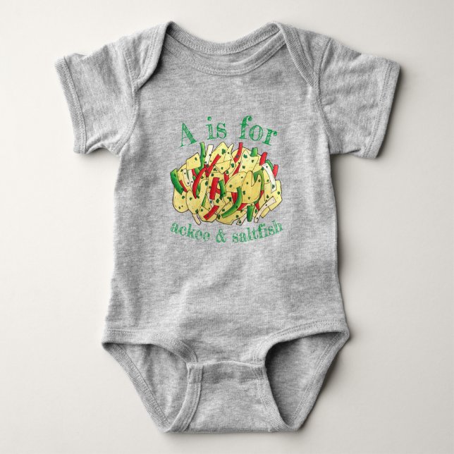 A is for Ackee and Saltfish Jamaican Food Cuisine Baby Bodysuit (Front)