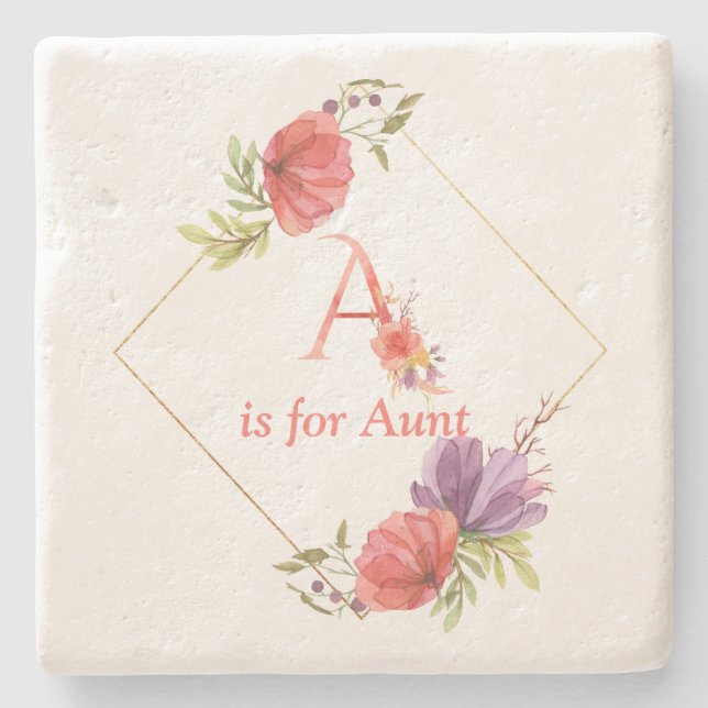 A is for Aunt floral painting Stone Coaster (Front)