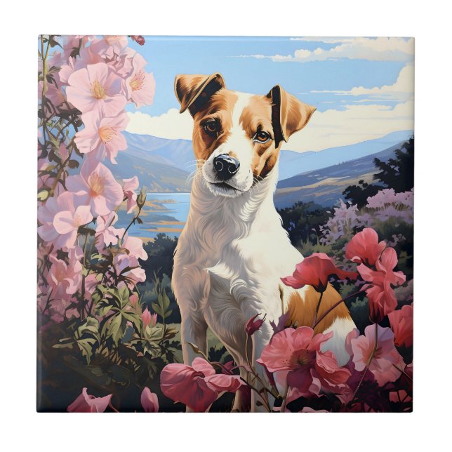 A Jack Russell Terrier's Floral Haven Tile (Front)