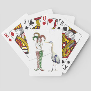 A jester and a blue heron playing cards