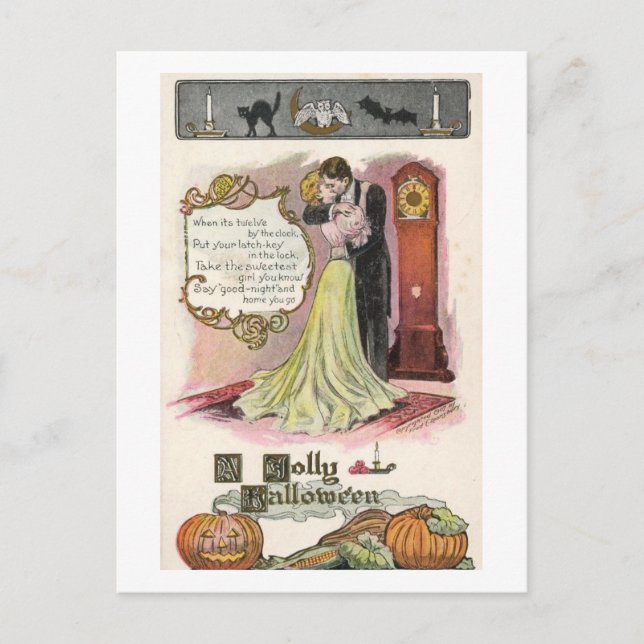 A Jolly Halloween, Couple Kissing Vintage Holiday Postcard (Front)
