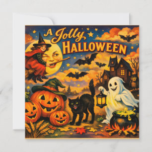 A Jolly Halloween Vintage Witch, Ghost, Pumpkins  Card