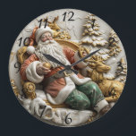 A jolly Santa Claus relaxing with his reindeer Large Clock<br><div class="desc">In a festive setting,  Santa Claus enjoys a moment of leisure,  seated comfortably in an ornate chair surrounded by whimsical decorations. His iconic red suit contrasts with the soft pastel colours of the background,  where playful reindeer and snow-covered trees create a cheerful Christmas atmosphere.</div>
