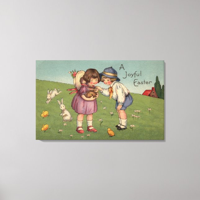 A Joyful EasterKids Holding a Bunny Canvas Print (Front)