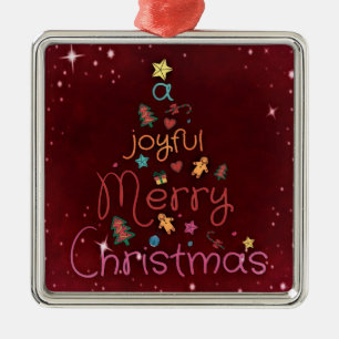 A Joyful Merry Christmas Greeting on Red Metal Tree Decoration