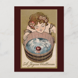A Joyous Halloween Girl Bobbing For Apples Postcard