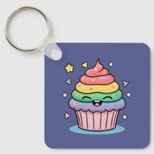 A Kawaii giggling cupcake with rainbow frosting an Key Ring