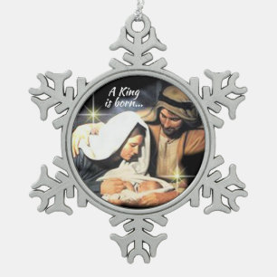 A king is born snowflake pewter christmas ornament