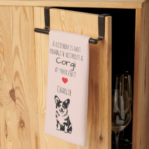 'A Kitchen Is Not Complete' Customisable Corgi  Tea Towel