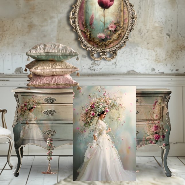 A Lady & a Parasol, Whimsical Floral Portrait Tissue Paper (One Fine Day, Lady with a parasol, French Victorian, Whimsical Floral, Decoupage Tissue Paper)