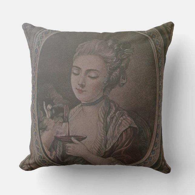 A Lady Drinking Chocolate (colour litho) Cushion (Front)