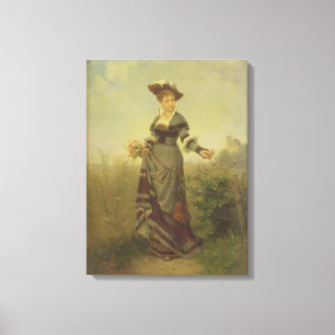 A Lady picking flowers in a landscape (panel) Canvas Print