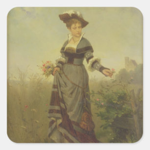 A Lady picking flowers in a landscape (panel) Square Sticker