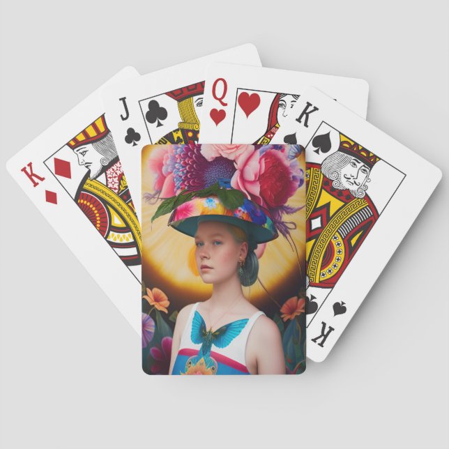A lady with a floral sun hat playing cards (Back)