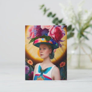 A lady with a floral sun hat postcard