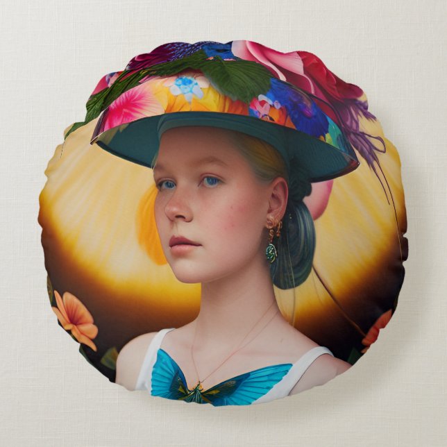 A lady with a floral sun hat round cushion (Front)