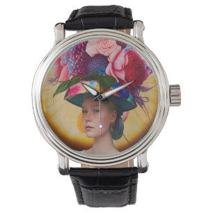 A lady with a floral sun hat watch