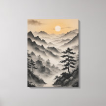 a landscape of mountains with trees and fog