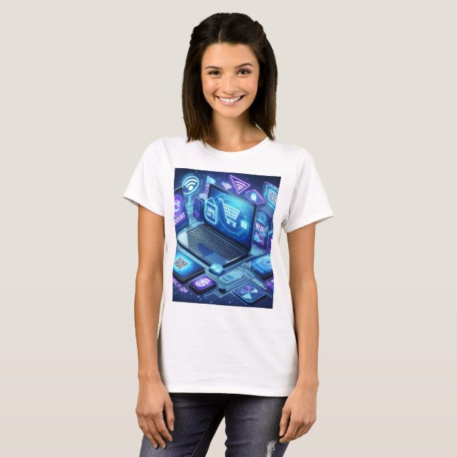 a laptop with the word discount on the screen T-Shirt (Front Full)