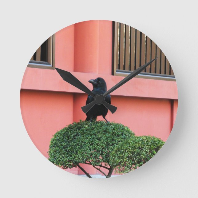 A Large-Billed Jungle Crow A Perch On A Cloud Tree Round Clock (Front)