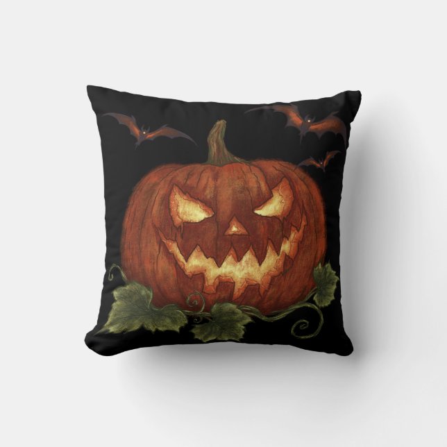 A large pumpkin with glowing eyes and bats cushion (Front)
