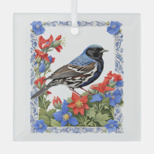 A Lark Bunting Surrounded by Colorado Columbine Glass Tree Decoration