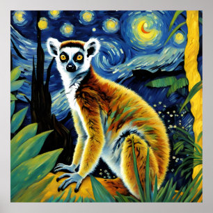 A Lemur in the Starry Night Poster