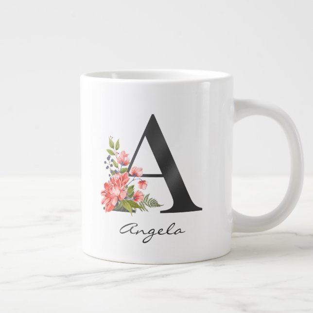 A Letter Black Monogram Floral Red Purple Greenery Large Coffee Mug (Right)