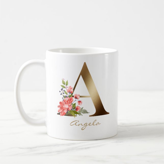 A Letter | Faux Gold Foil Monogram Floral Coffee Mug (Left)