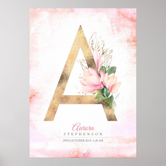A Letter Monogram Gold Leaves Pink Magnolia Floral Poster (Front)