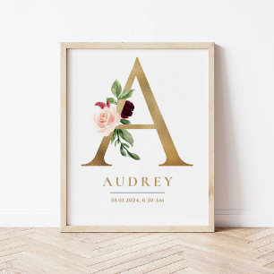 A Letter Monogram Name Marsala Floral Nursery Poster