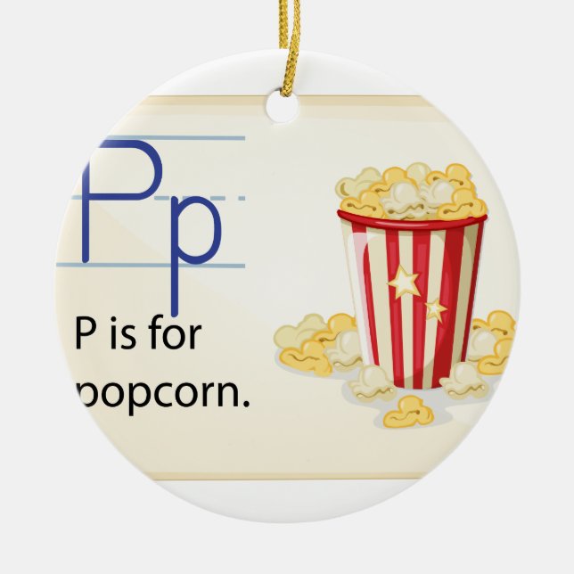 A letter P for popcorn Ceramic Tree Decoration (Front)