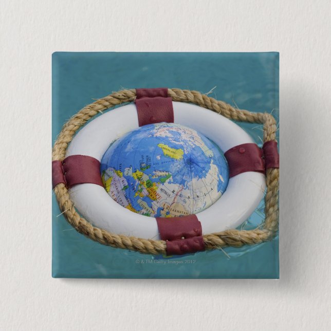 A life preserver and world globe floating 15 cm square badge (Front)
