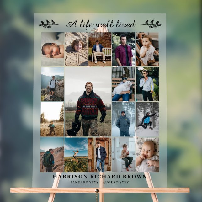 A Life Well Lived 17 Photo Collage Memorial Acrylic Sign (Neutral)